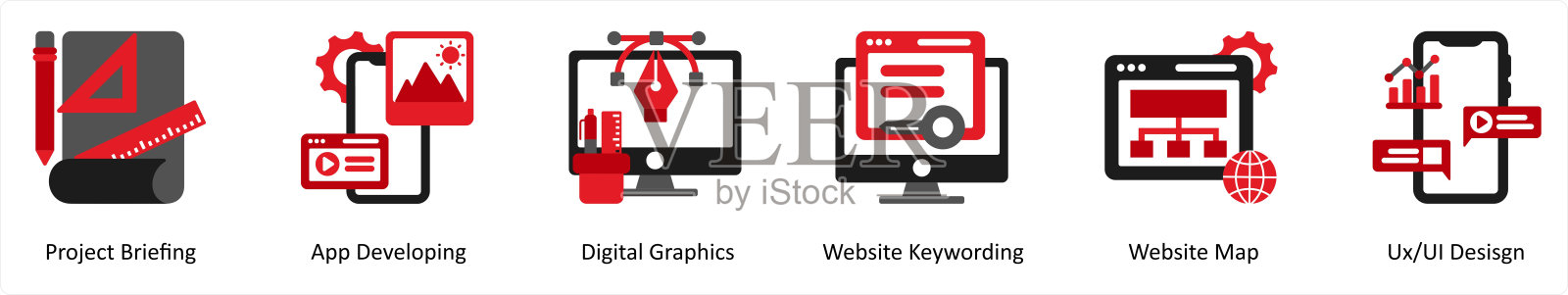 6个技术红色和黑色图标作为项目简报，应用程序开发，数字图形插画图片素材