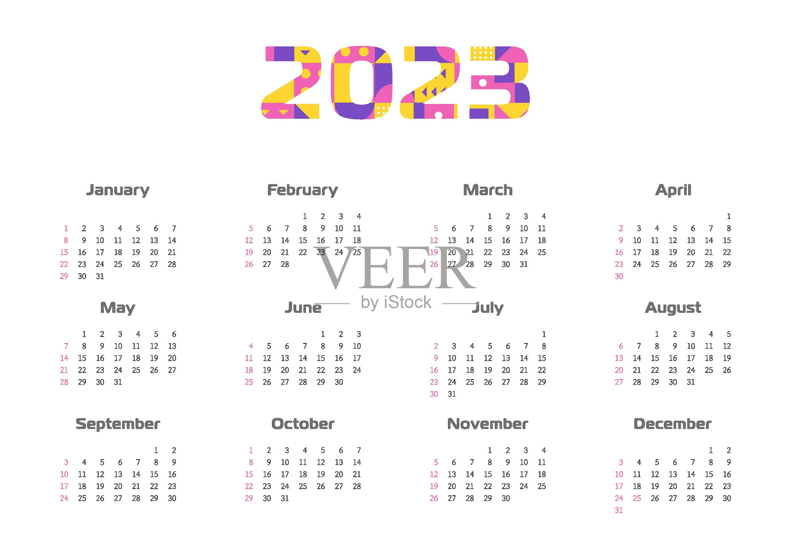 2023年的月历模板。一周从星期天开始。设计模板素材