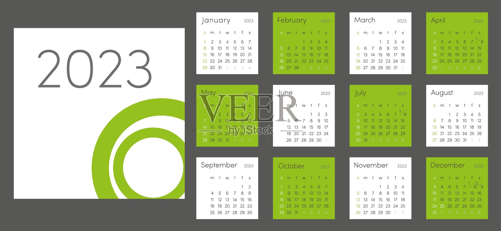 2023年的经典月历。日历采用极简风格的方形造型。这一周从星期天开始。设计模板素材