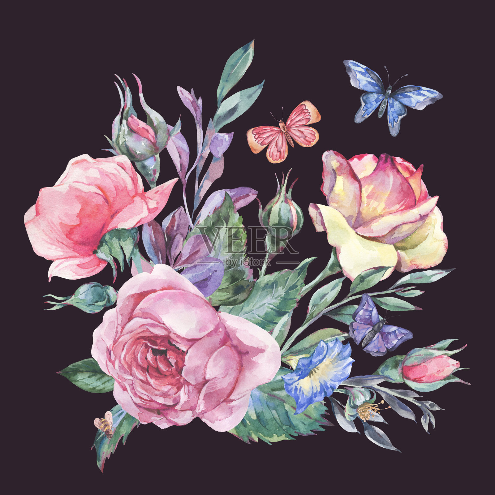 水彩复古花园玫瑰花束贺卡，植物花卉插图插画图片素材