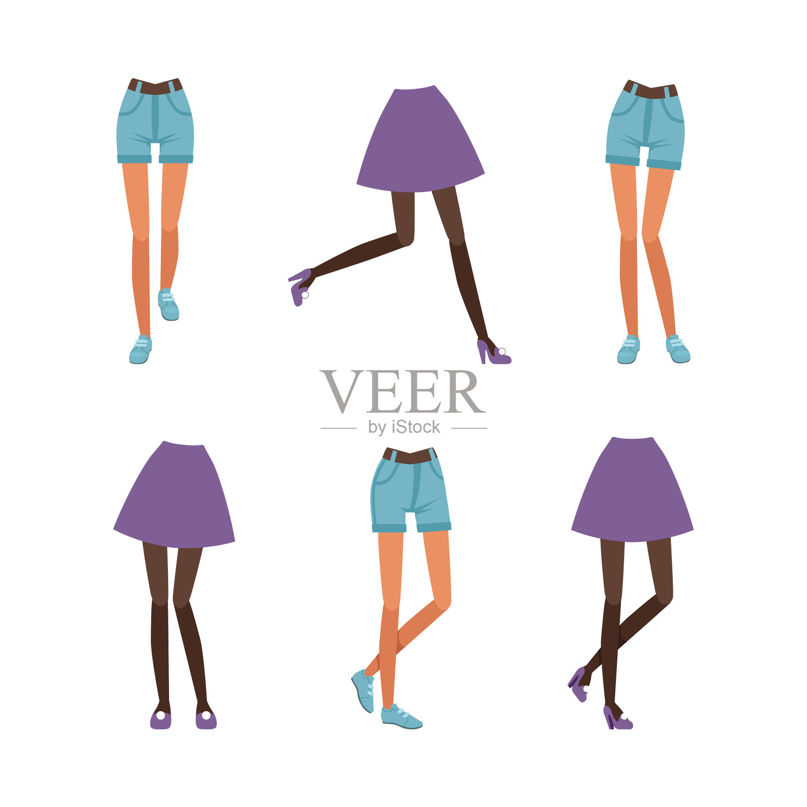 女孩的腿在裙子和短裤收集插画图片素材