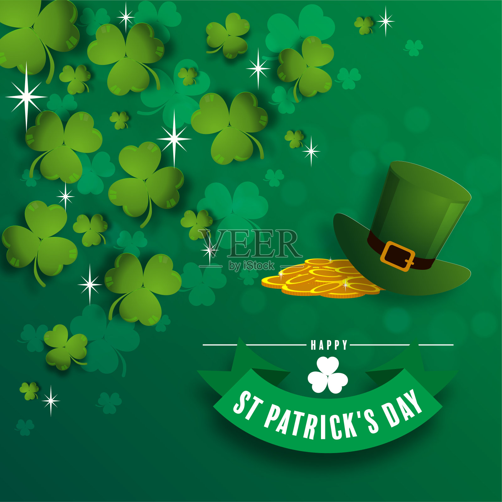 圣帕特里克节邀请一个假期，企业节日一顶小妖精帽子，三叶草，一罐金币，彩虹，底色。矢量插图。插画图片素材