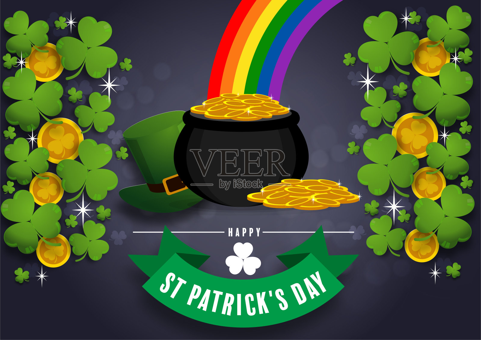 圣帕特里克节邀请一个假期，企业节日一顶小妖精帽子，三叶草，一罐金币，彩虹，底色。矢量插图。插画图片素材