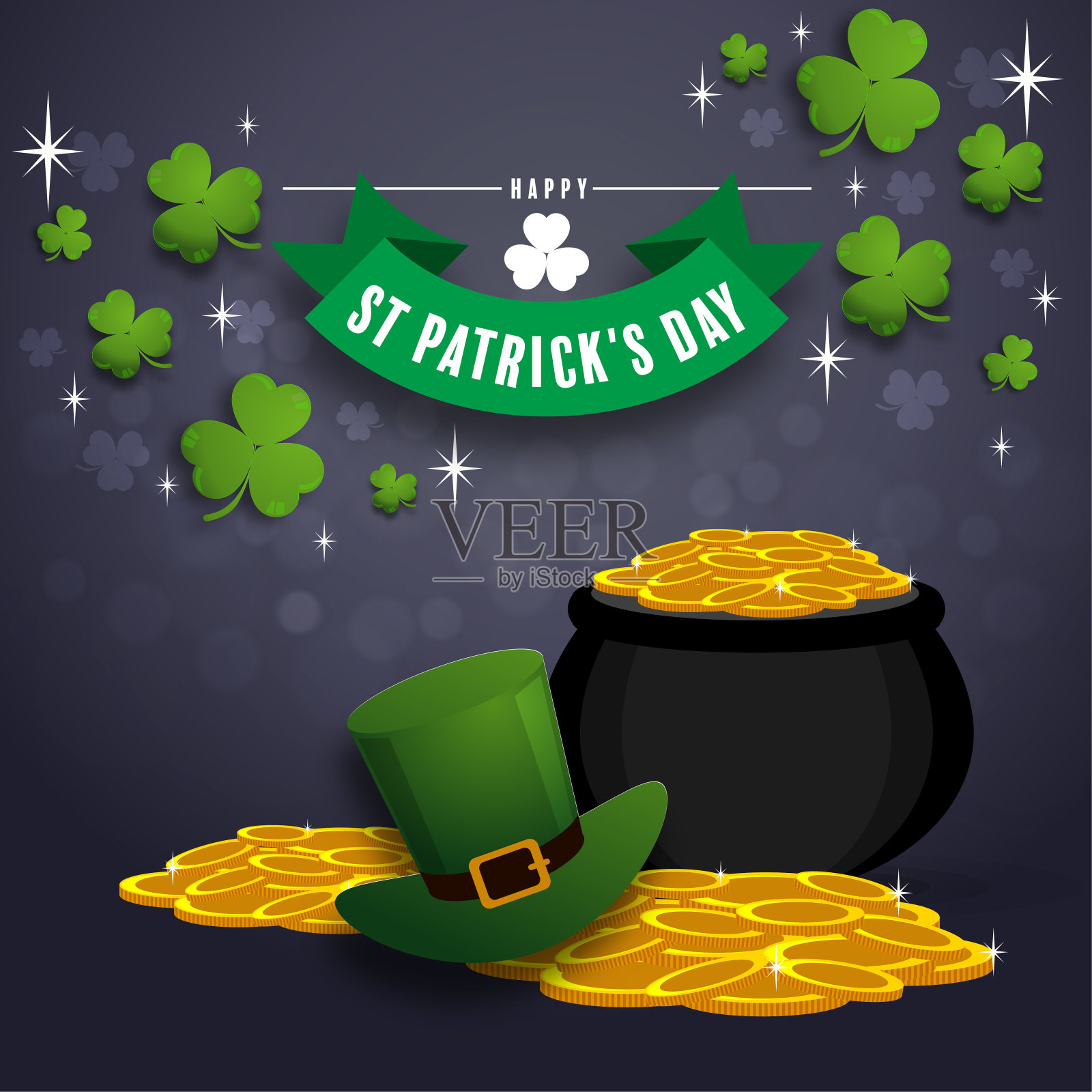 圣帕特里克节邀请一个假期，企业节日一顶小妖精帽子，三叶草，一罐金币，彩虹，底色。矢量插图。插画图片素材