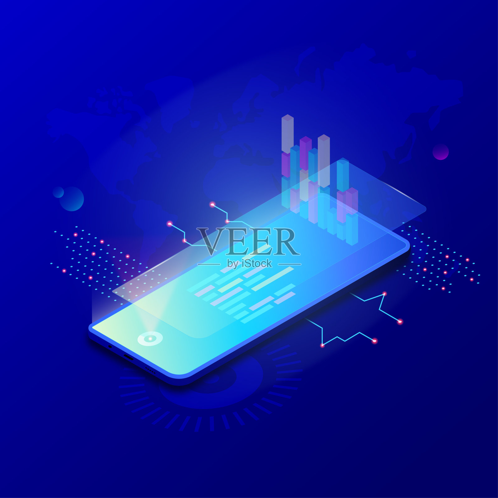 等距智能手机与业务图形和分析数据。明亮，彩色，霓虹灯图形和数据与世界地图的背景。营销解决方案或财务业绩的数据分析插画图片素材