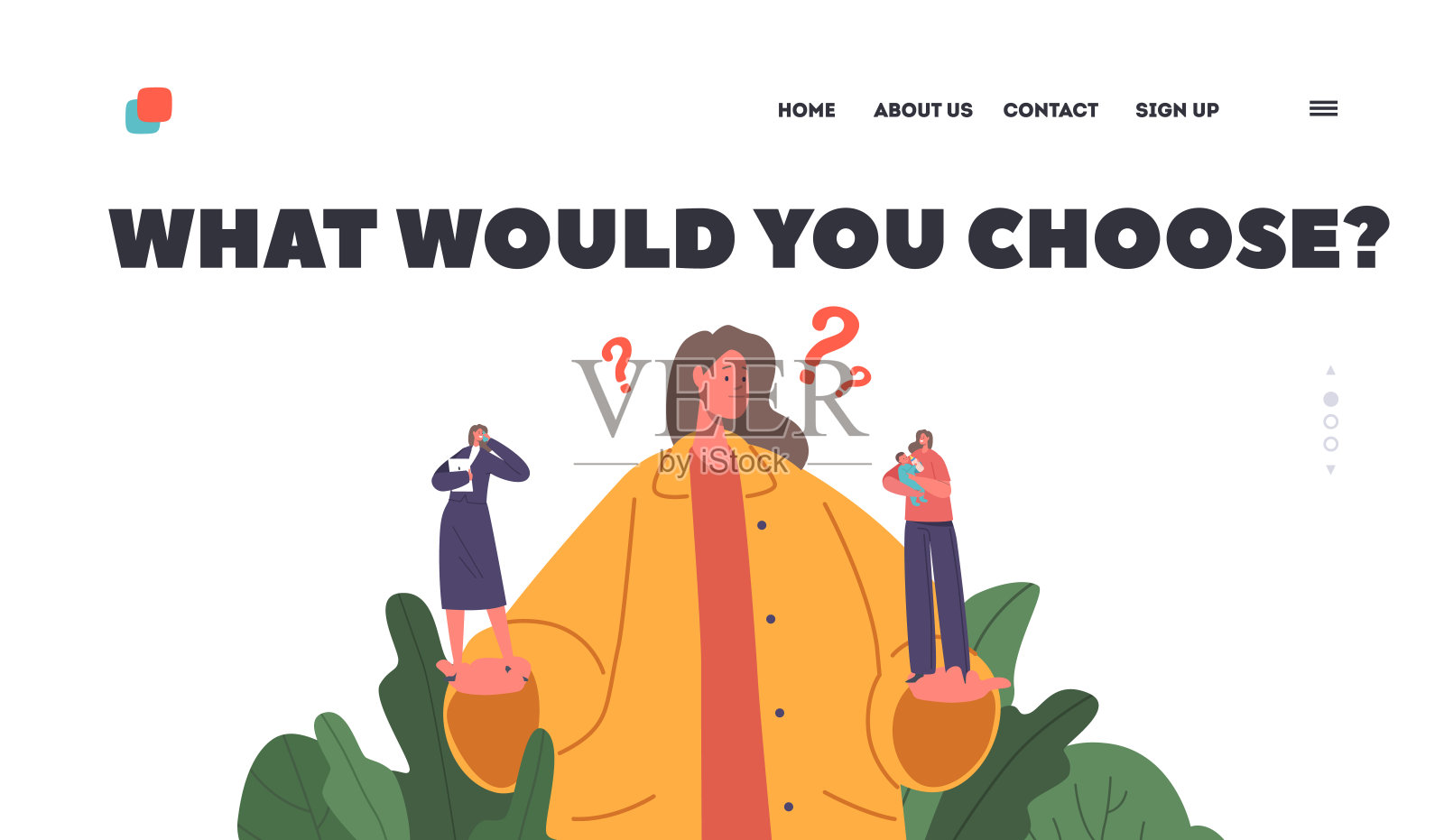 产假和职业登陆页模板。困惑的女人在做选择，女性角色牵着手插画图片素材