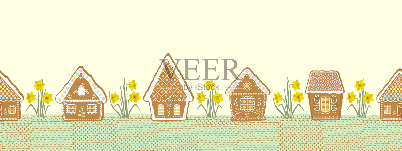 复活节的背景。无缝的边界。姜饼村插画图片素材