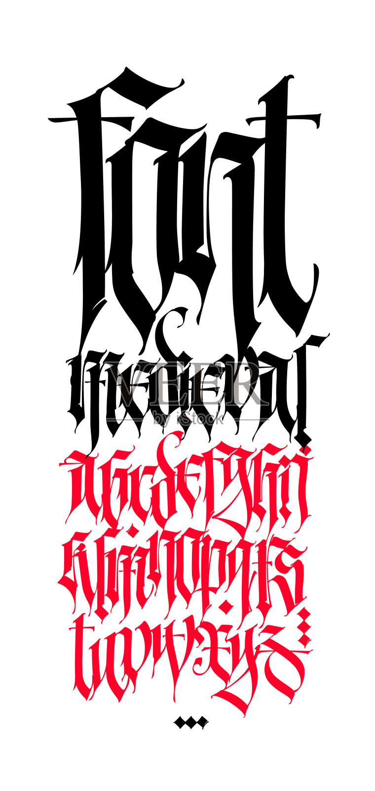 哥特，英文字母。字体纹身，个人和商业用途。元素孤立在白色背景上。书法和文字。中世纪拉丁字母。插画图片素材