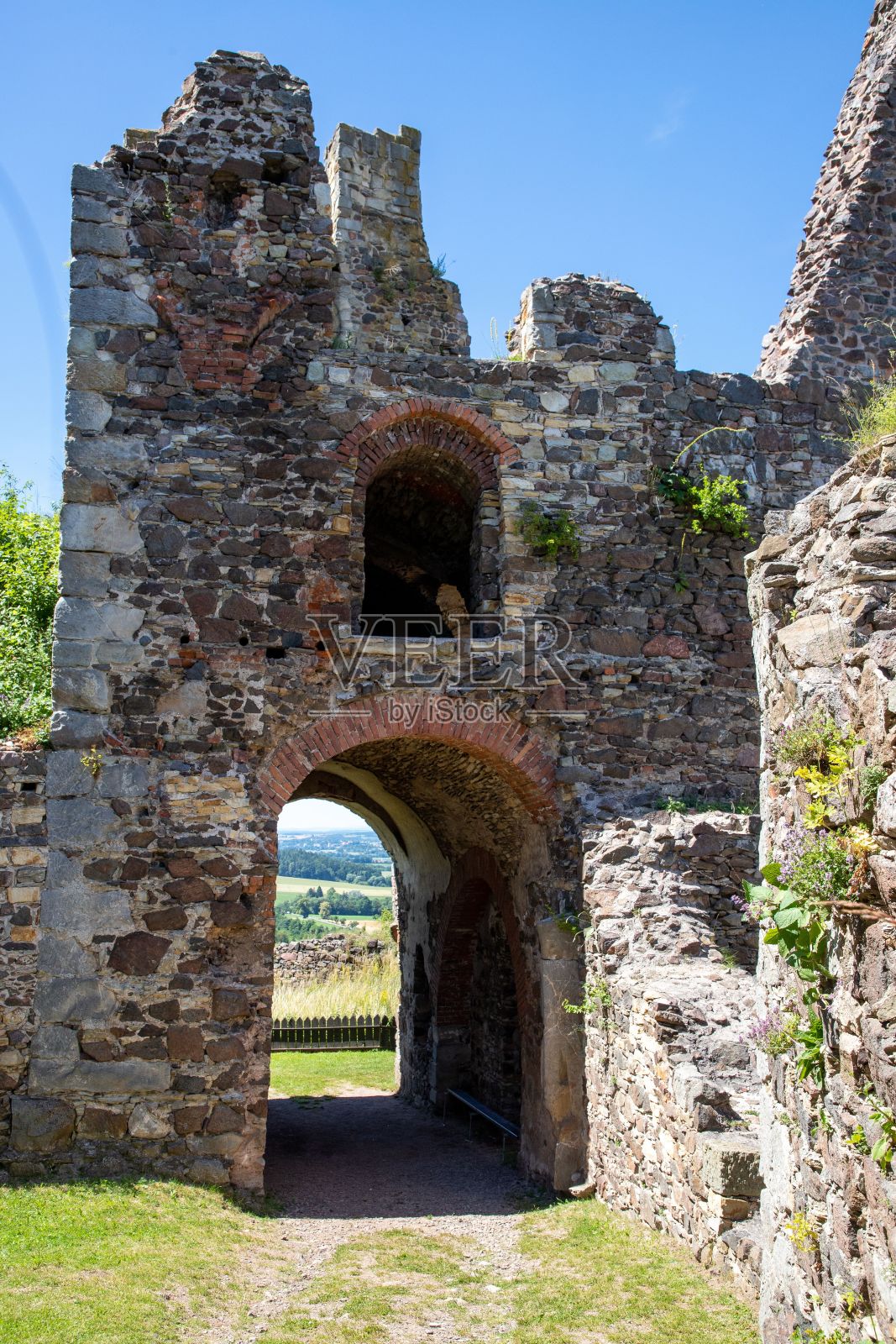 在一个阳光灿烂的日子里，捷克共和国被摧毁的波茨坦城堡的垂直废墟照片摄影图片