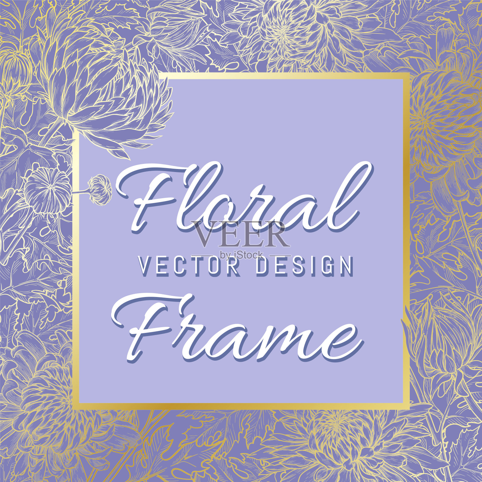 蓝色背景上金色菊花的方形花框。婚礼，周年纪念或假期邀请模板。手绘矢量插图。设计元素图片