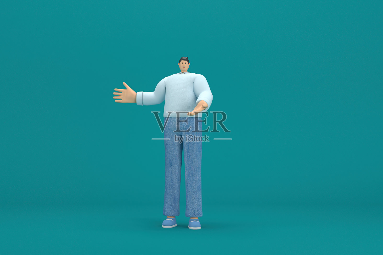 卡通人物穿着牛仔裤和长衬衫。他说话时手脚都很灵活。表演中的3d渲染。照片摄影图片