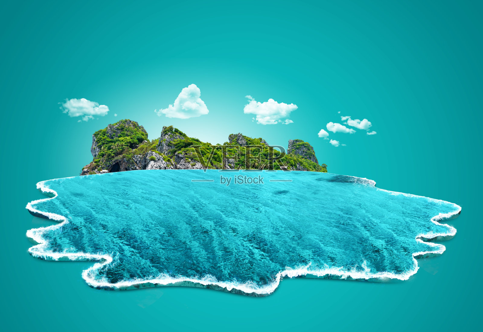 三维插图的一块水族馆或海洋与景观。孤岛天堂与世隔绝，旅游广告。旅游度假背景。美丽的冲浪海浪与水下场景隔离。照片摄影图片