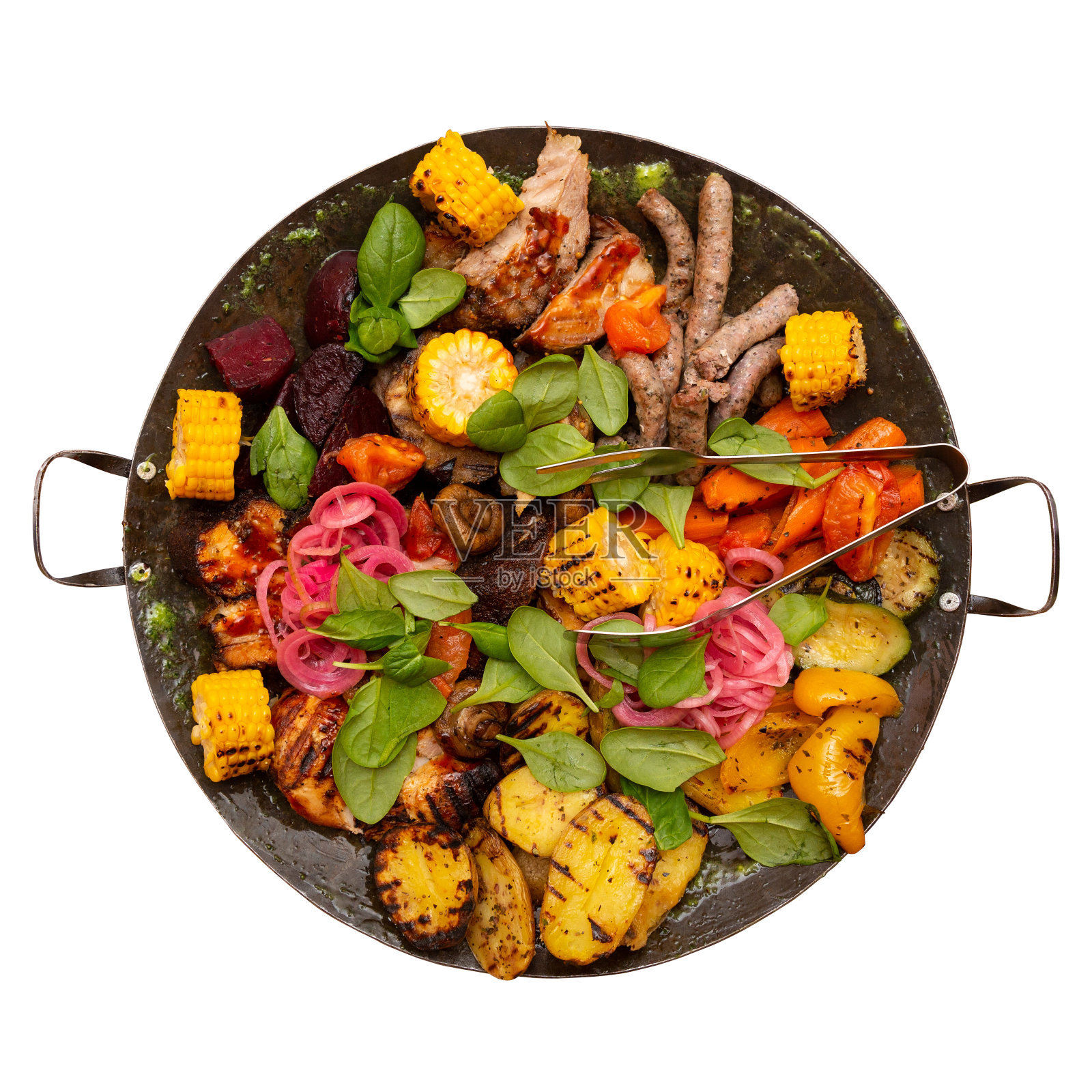 什锦炒蔬菜和肉，在锅里炒。照片摄影图片