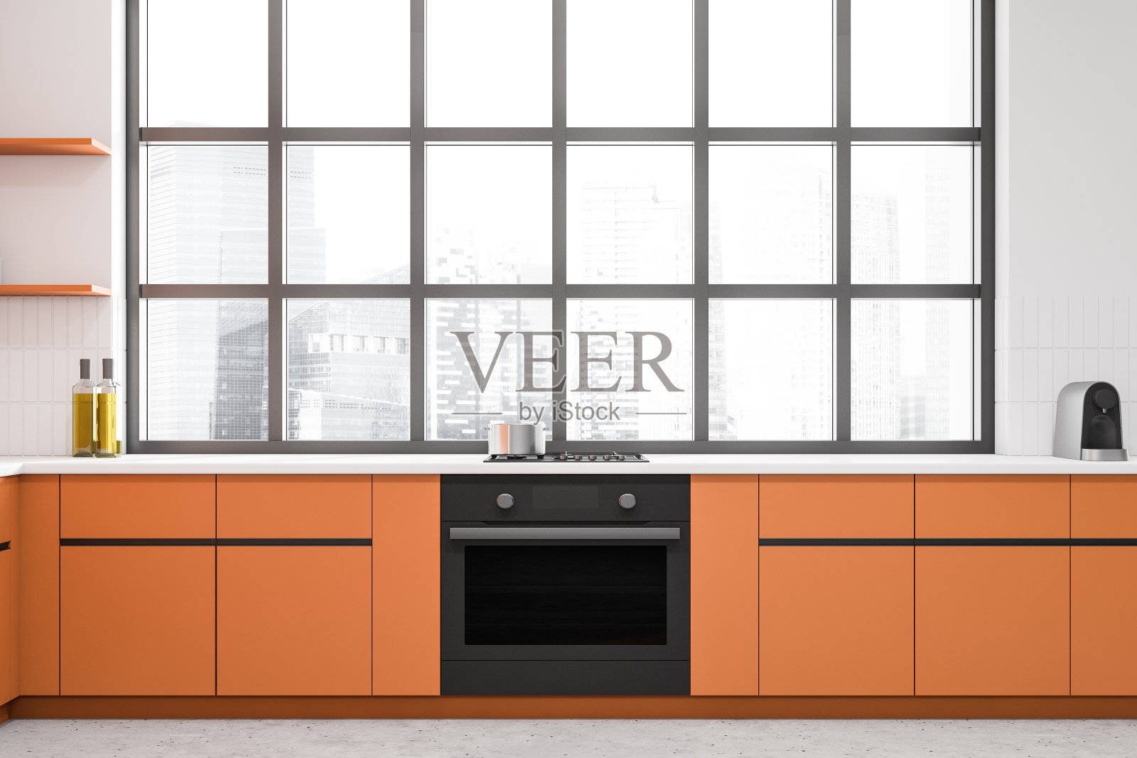 正面视野明亮的厨房室内与全景窗照片摄影图片