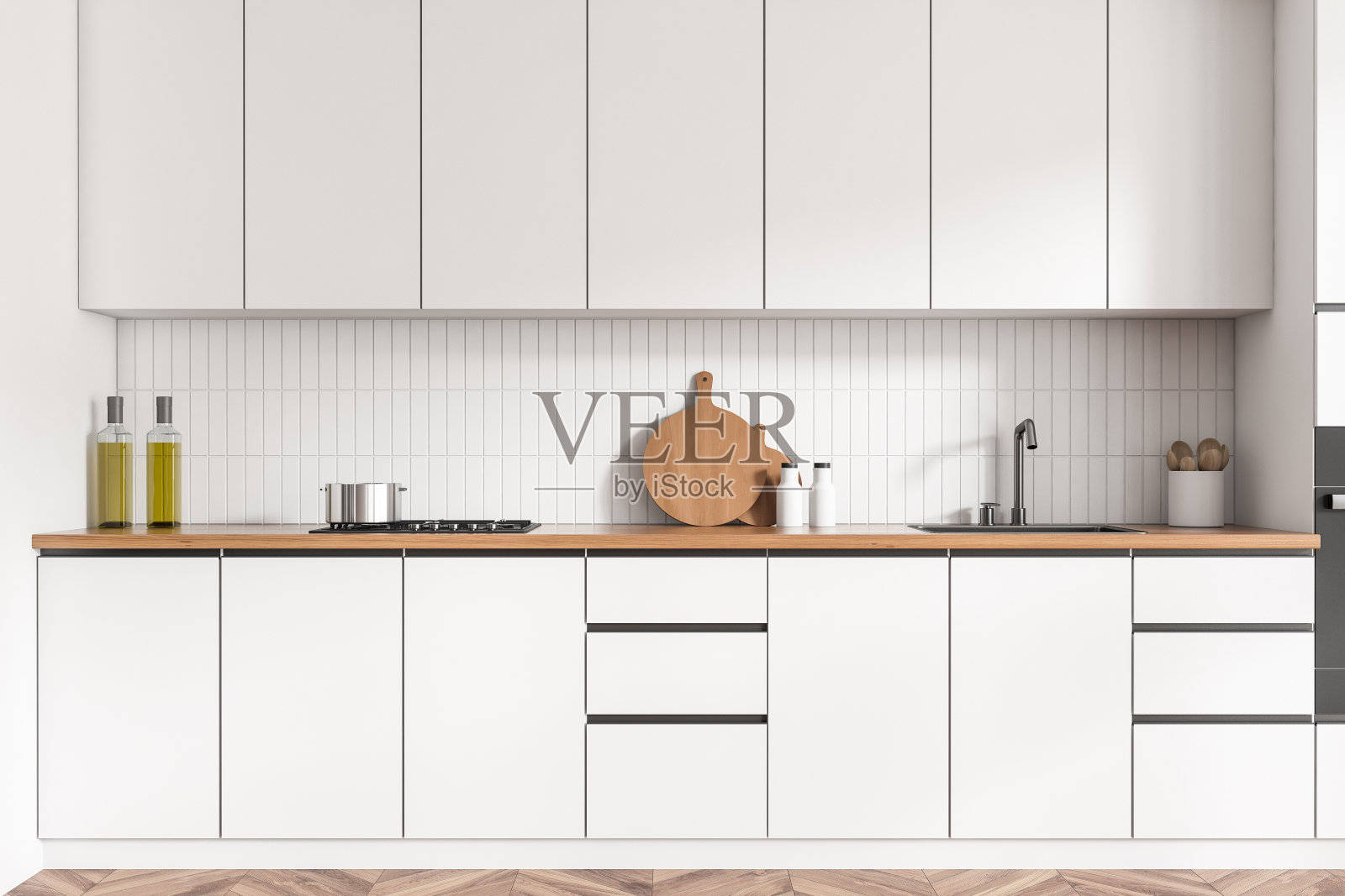 时尚的厨房内部隐藏的架子和厨具照片摄影图片