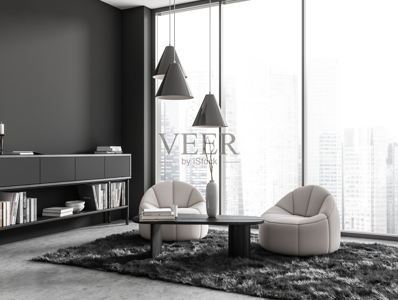 黑暗的客厅内部的角落视图，有两把扶手椅照片摄影图片