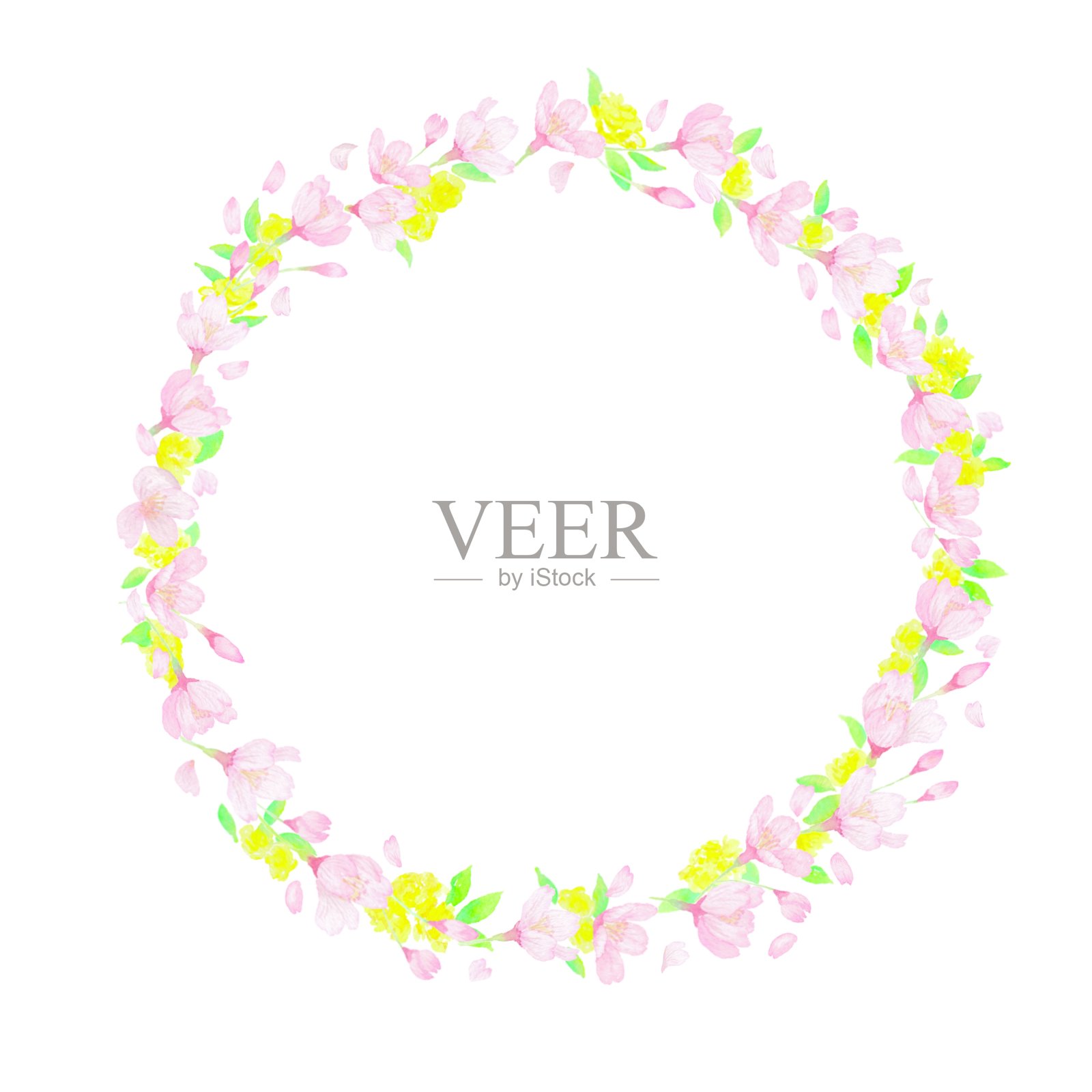 用春天的花朵编织的水彩花环。插画图片素材