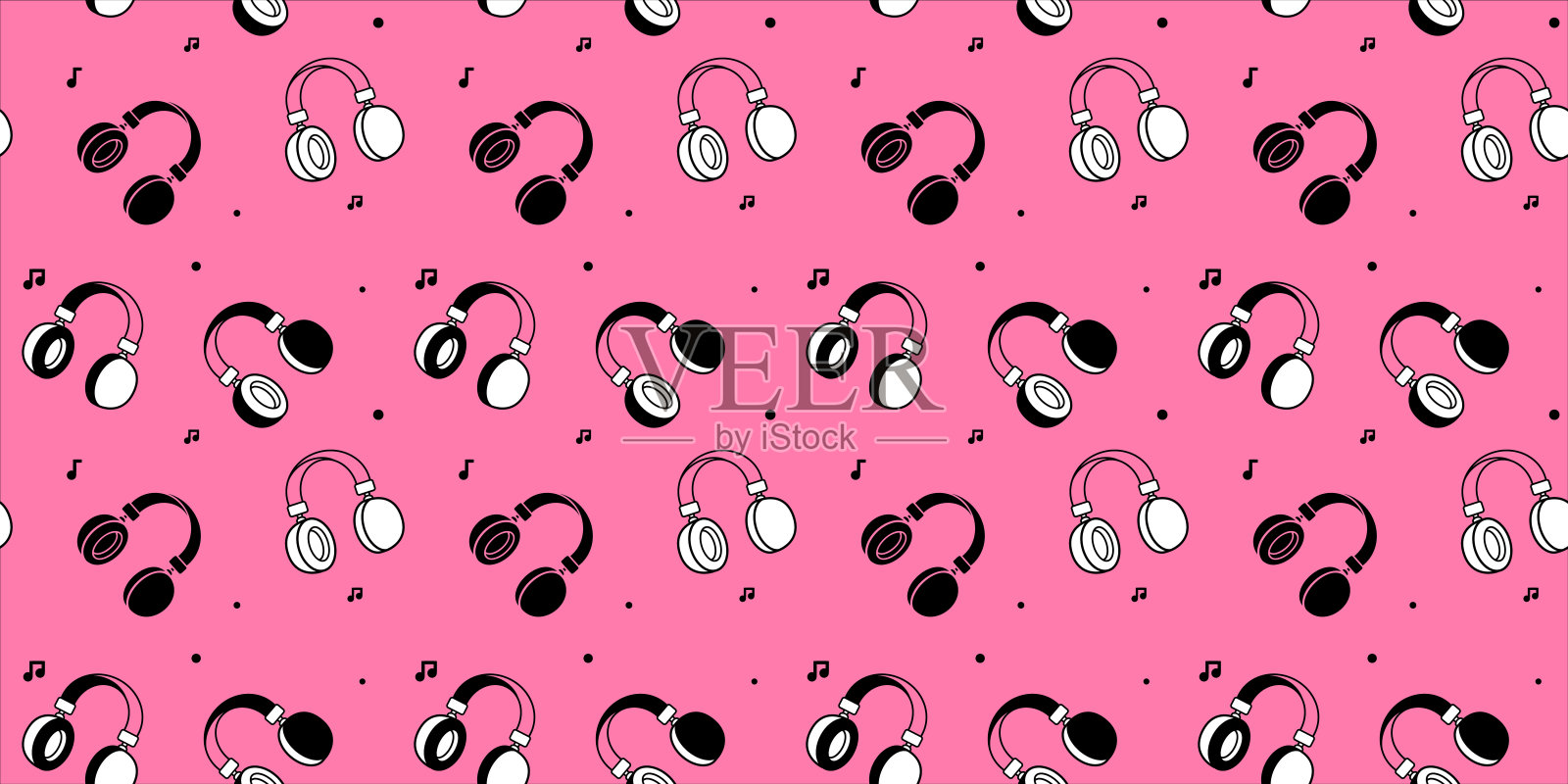 矢量音乐插图与耳机上粉红色的背景。耳机和笔记无缝图案的平面线条艺术设计插画图片素材