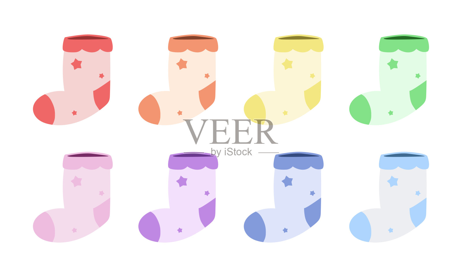 一套彩色的婴儿袜子剪贴画。简单可爱的新生儿婴儿袜子平面矢量插图。棉，羊毛学步袜婴儿淋浴或生日派对邀请，贺卡卡通风格的图标插画图片素材