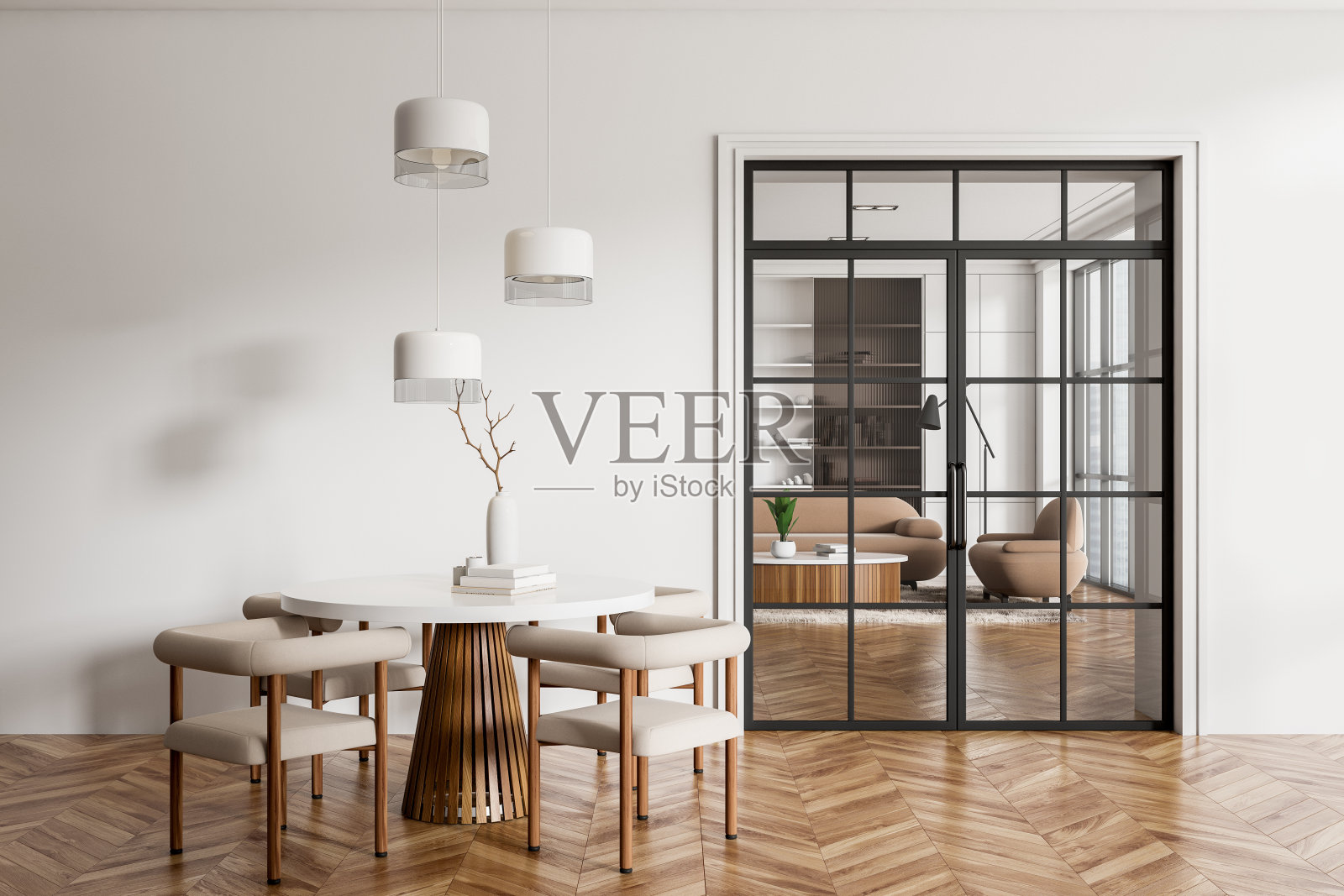 明亮的餐厅和客厅内部的餐桌，椅子照片摄影图片