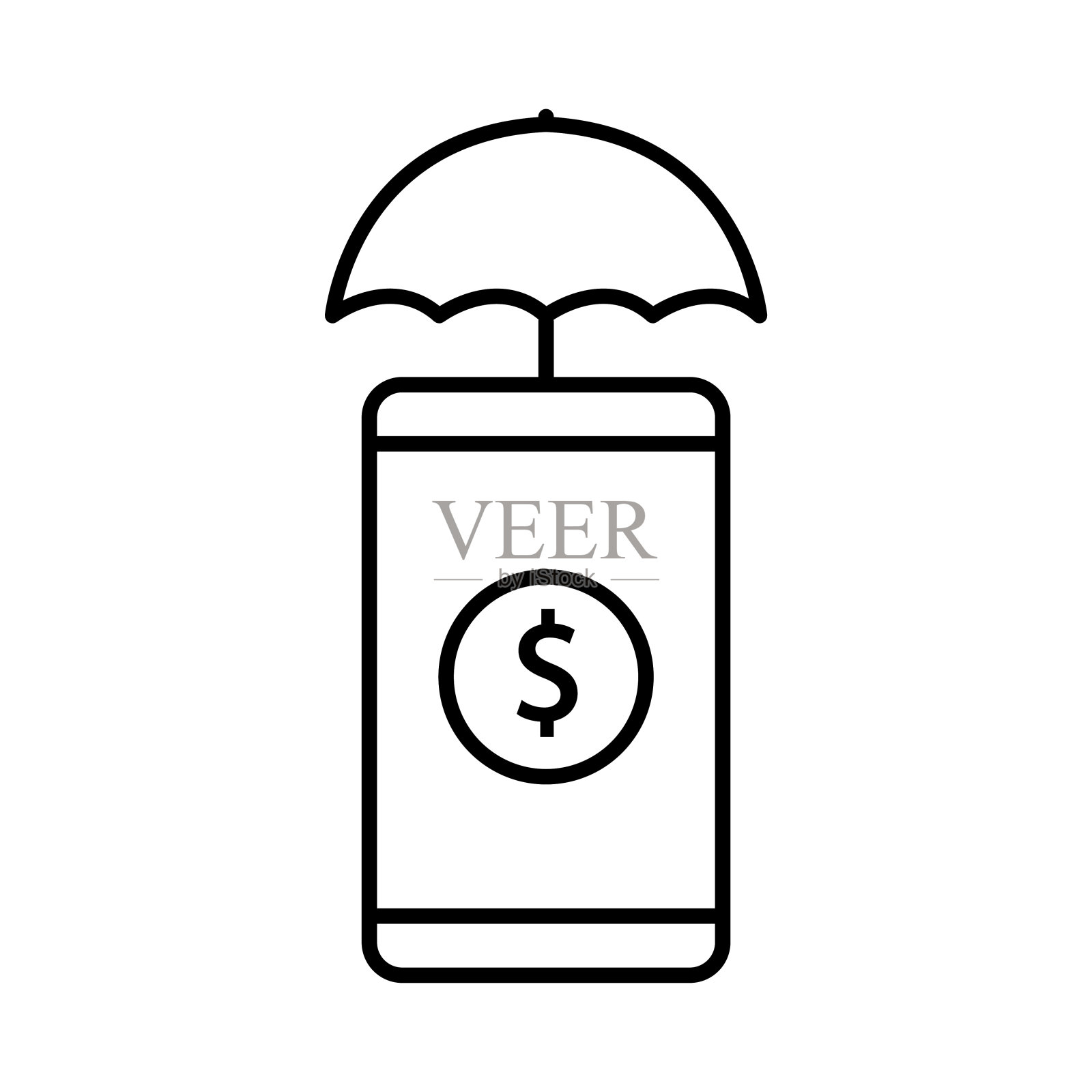 手机图标插图与雨伞和美元。保险标志。线图标样式。适用于应用程序，网站，移动应用程序。图标与金融相关。简单的矢量设计可编辑插画图片素材