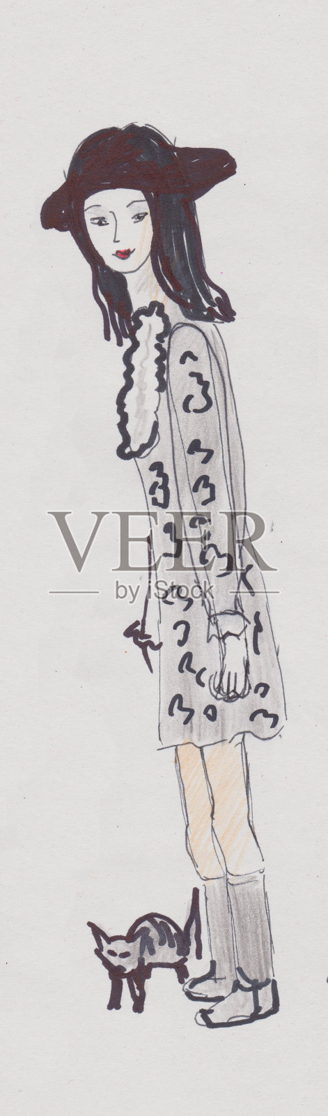 戴着帽子和猫的女孩插画图片素材