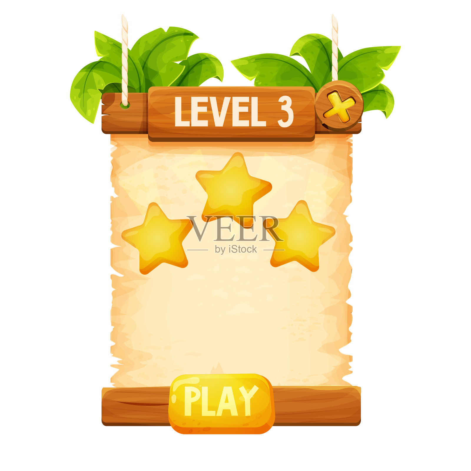 木板与羊皮纸卡通风格，关卡成就游戏画面赢得金色星星孤立在白色背景上。框架，中世纪的面板，菜单。空gui资产，招牌。矢量图插画图片素材