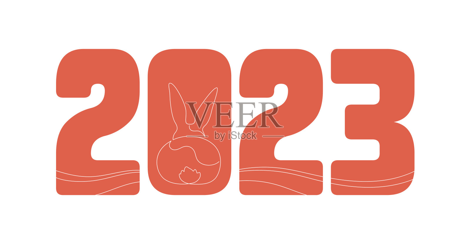 一行剪影集合。矢量线性艺术插图横幅模板。大纲兔动物在红色2023色文字孤立在白色。春节假期的设计元素插画图片素材