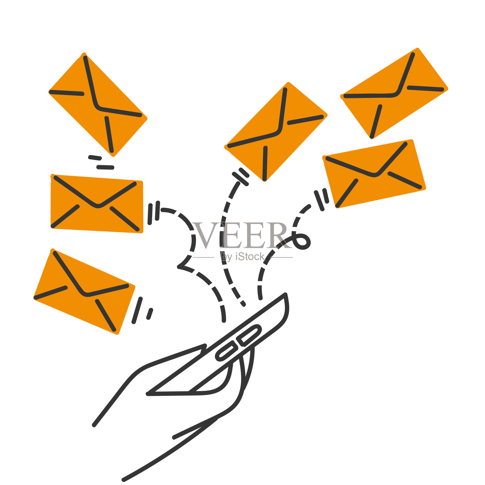 手绘涂鸦手机发送大量信封字母符号，用于电子邮件营销说明插画图片素材