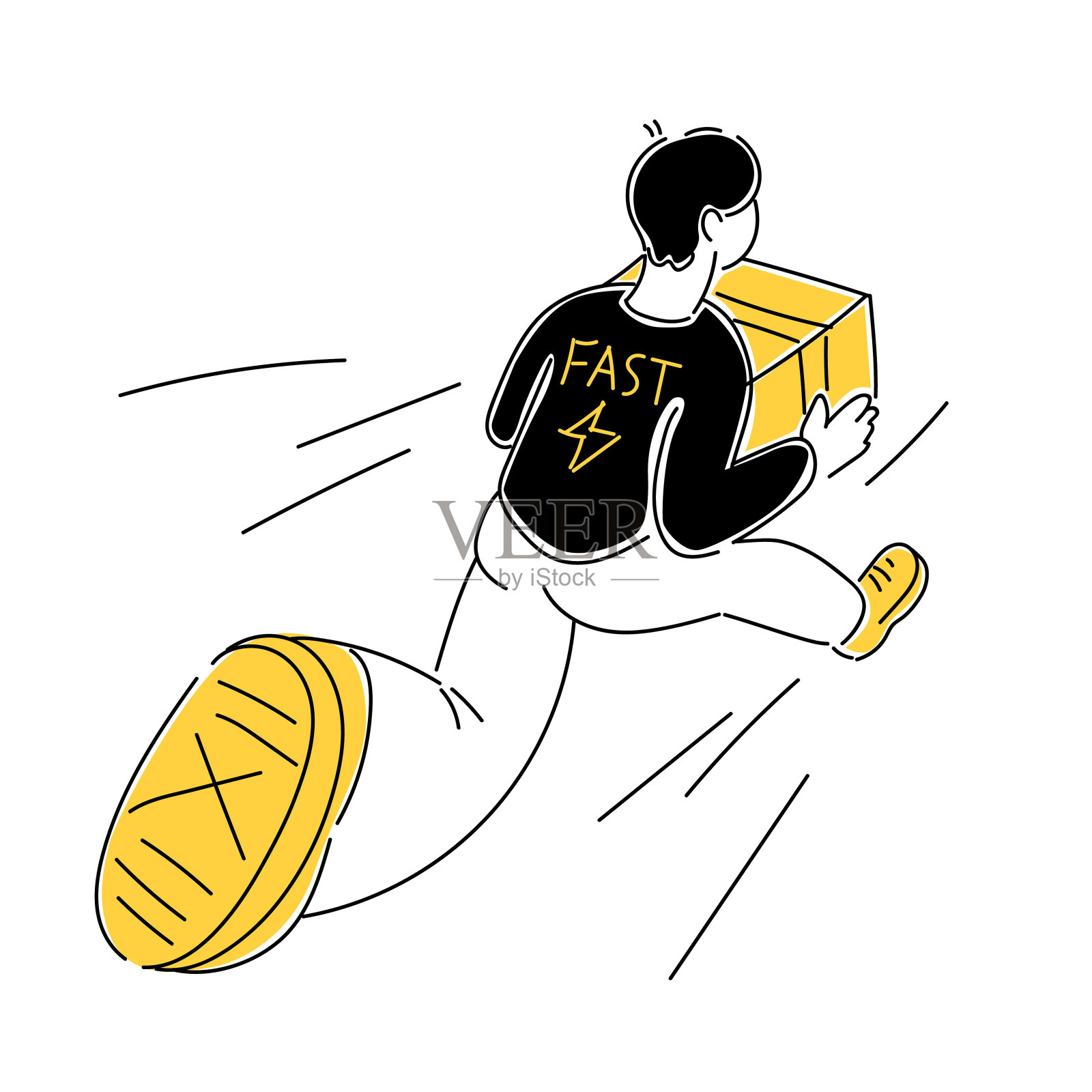 漫画风格的现代简单图形。一个拿着盒子的年轻人跑得很快。插画图片素材