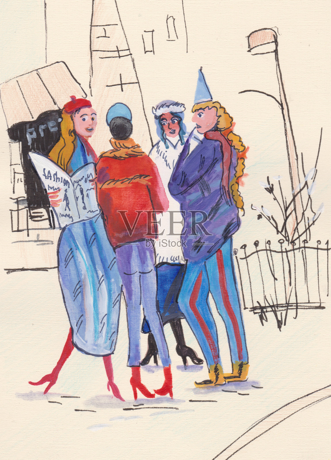 女孩们在街上讨论时尚插画图片素材