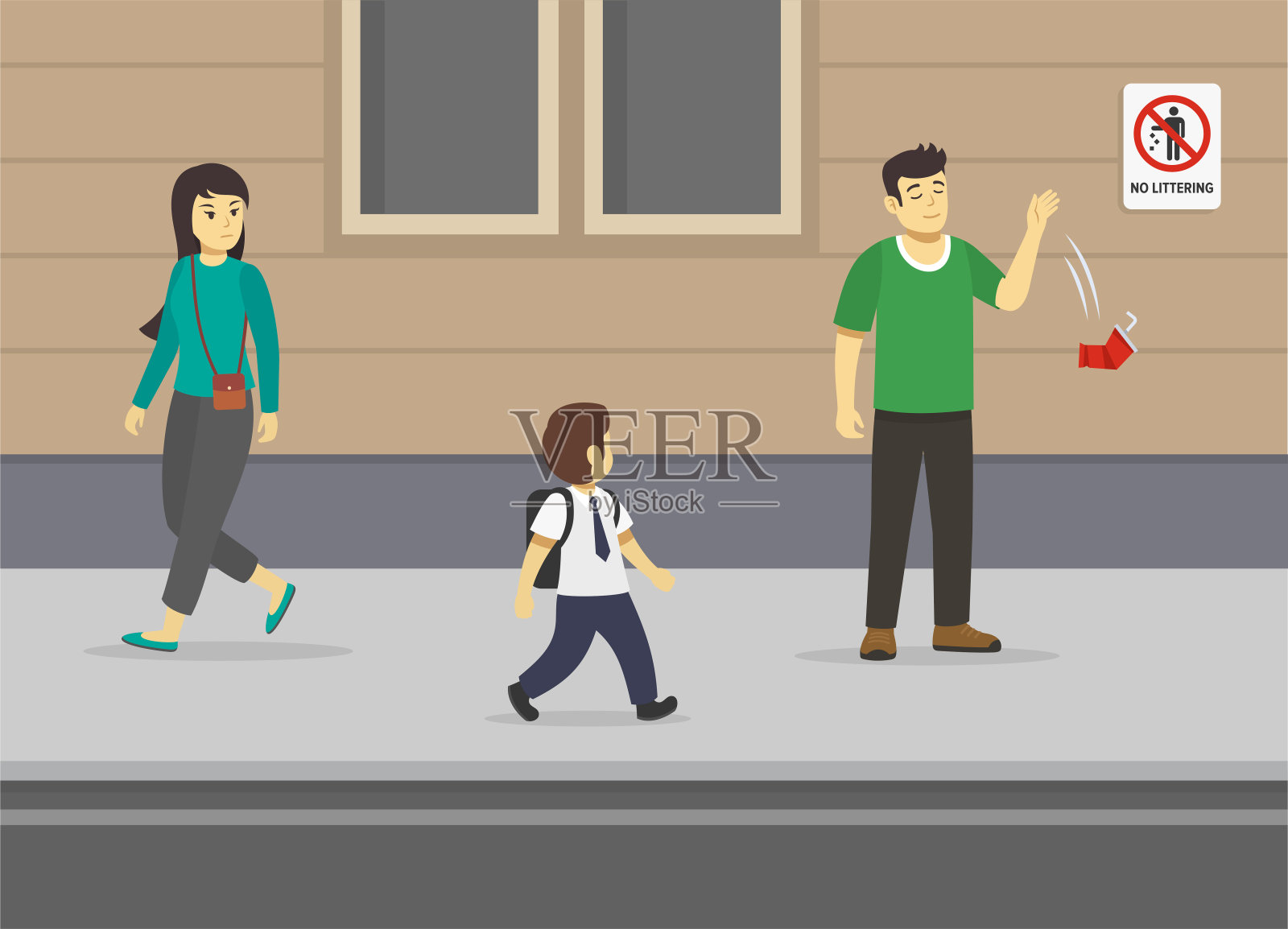 男人将用过的塑料杯扔在地上，人们看着这个没礼貌的男人插画图片素材