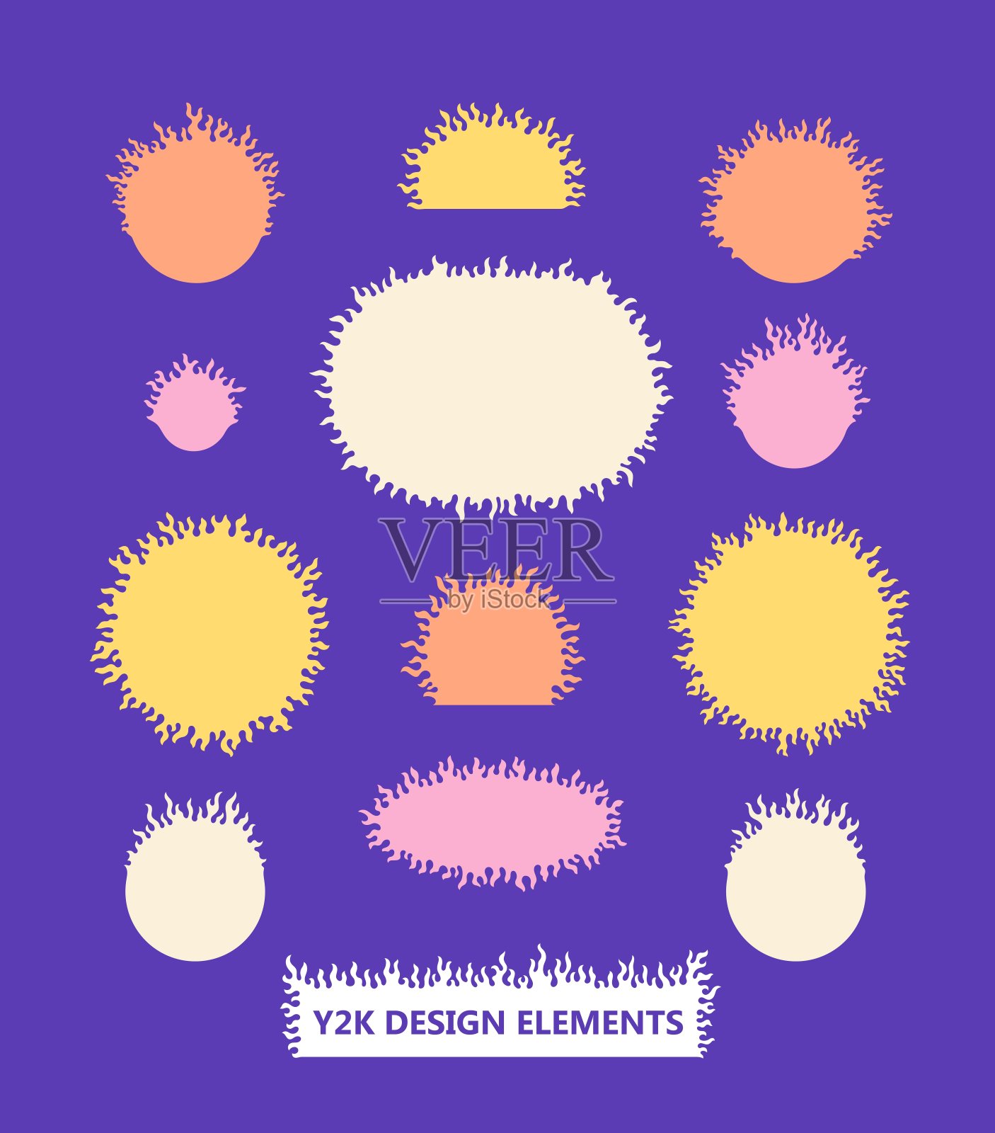 抽象的自由形式贴纸收集。简单的形状和元素与火焰喷涌。现代千年虫风格的人物。向量模板插画图片素材