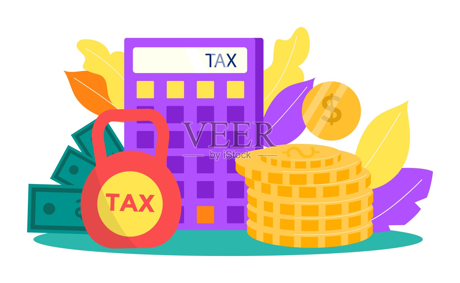 缴费，做有关财务纳税时间和收入的会计，并进行说明。企业财务支付概念，平税符号设计。插画图片素材