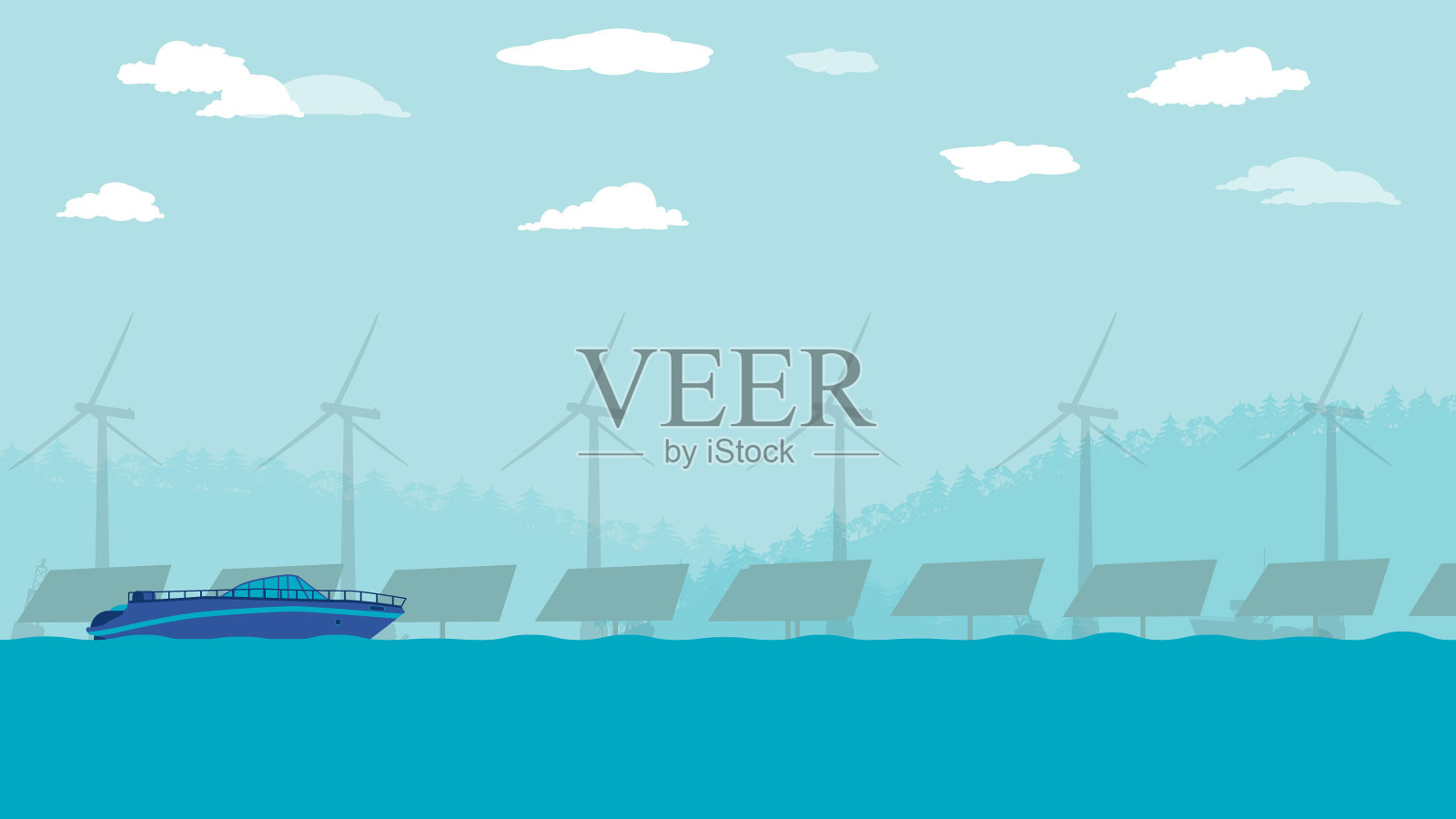 平面卡通侧面视图离岸太阳能农场面板在海洋或海上与快艇船插画图片素材