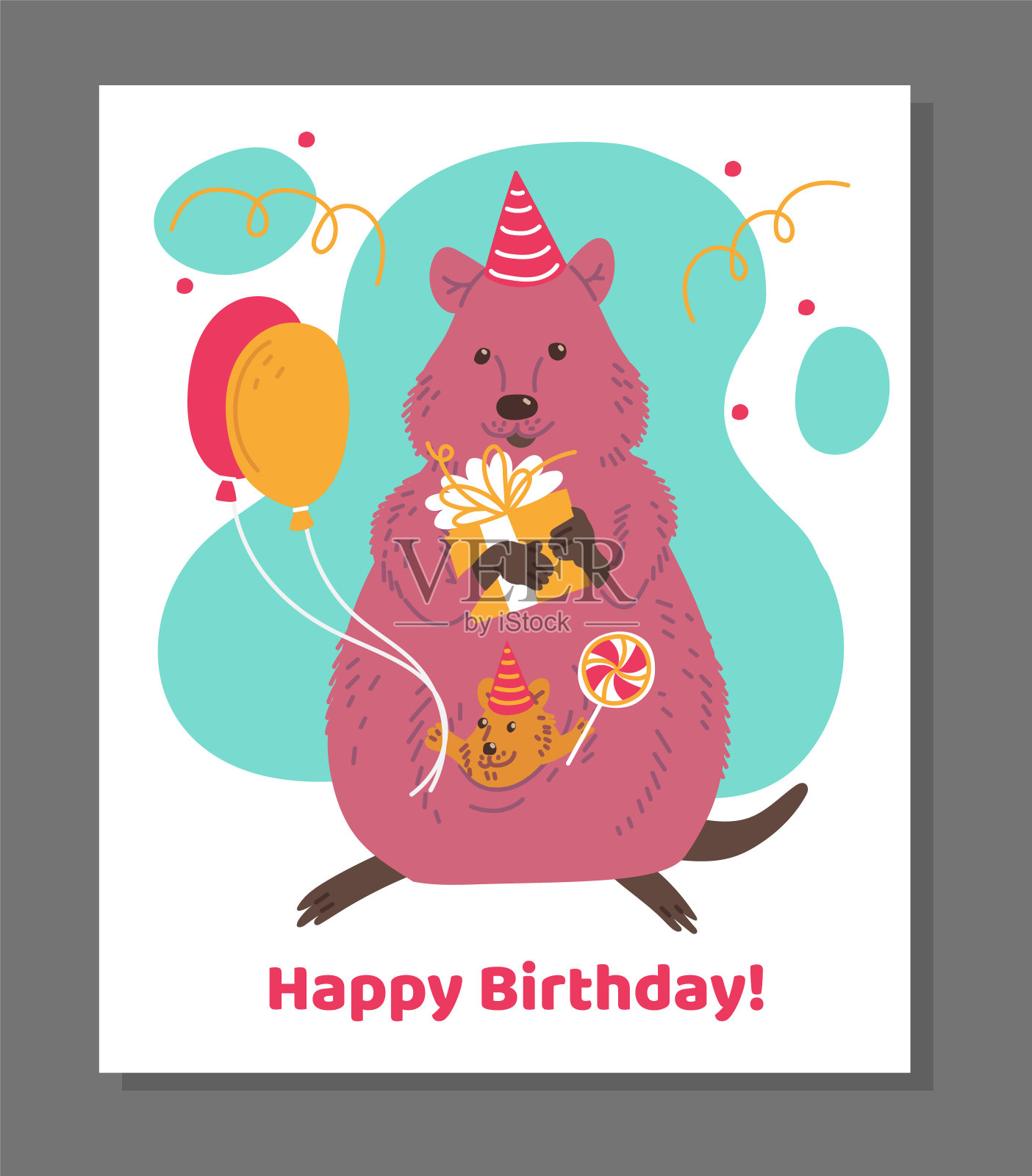 生日贺卡的孩子可爱短尾矮袋鼠卡通平面矢量插图。插画图片素材