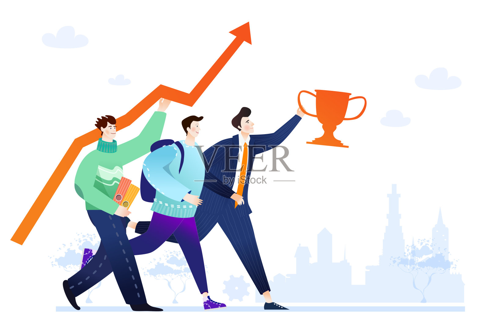 商务人士，团队携金杯在金融城奔跑插画图片素材