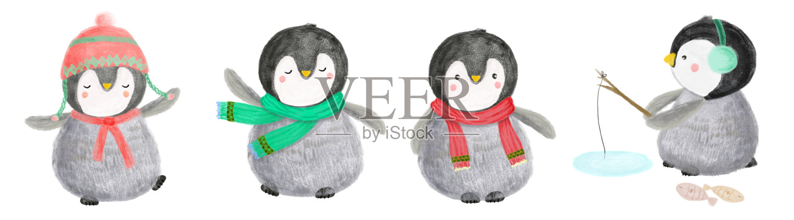 可爱的水彩企鹅在冬季针织衣服。手绘节日插图。非常适合圣诞节和新年插画图片素材