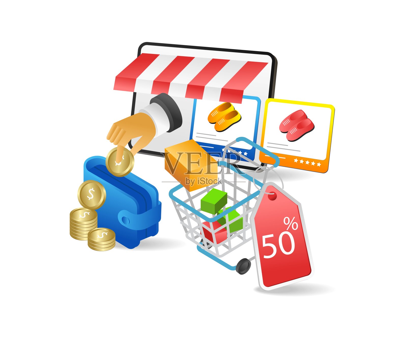 网上购物和获得现金返还的等距平面3d插图概念插画图片素材