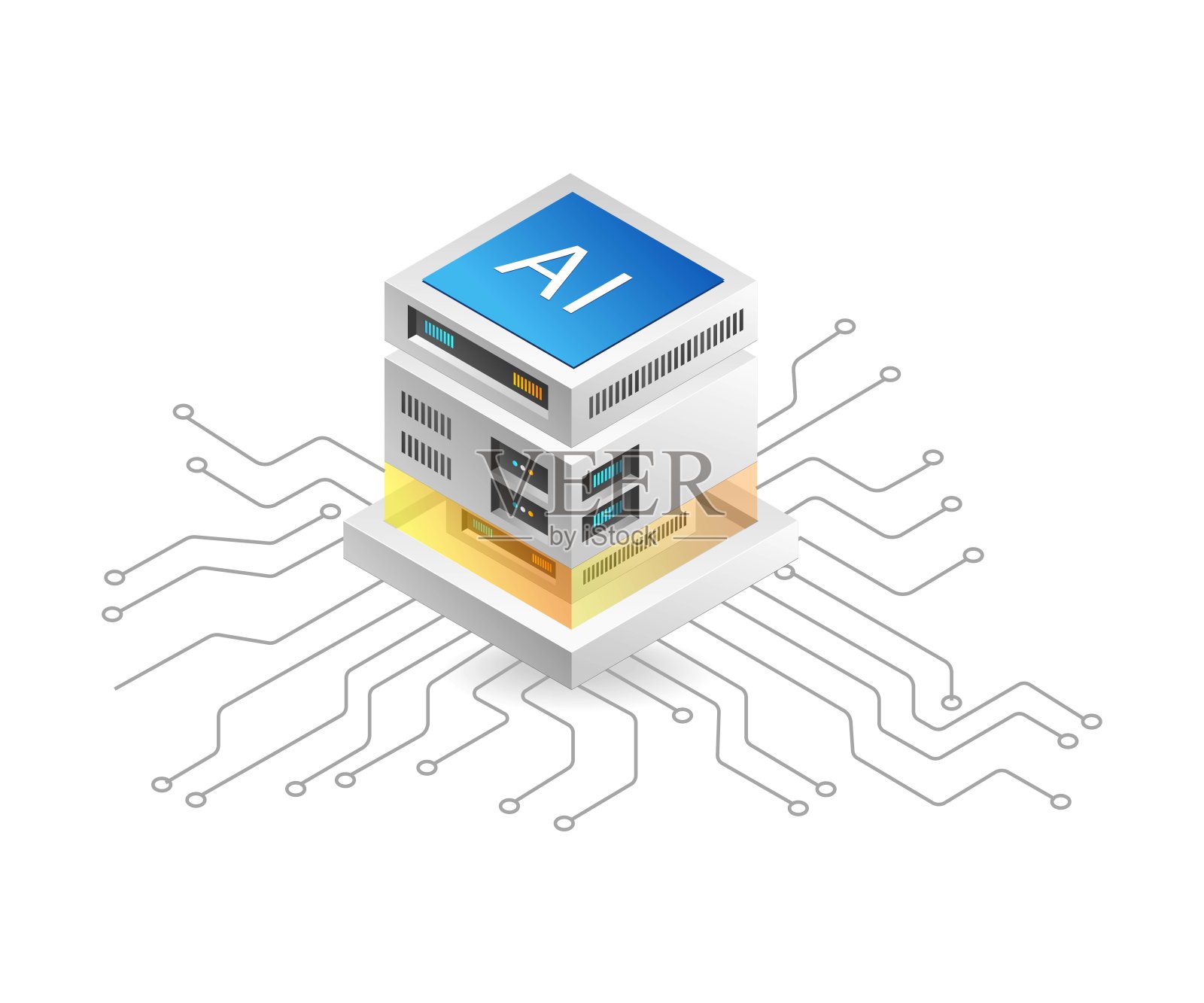 平面等距三维插图技术服务器人工智能芯片概念插画图片素材
