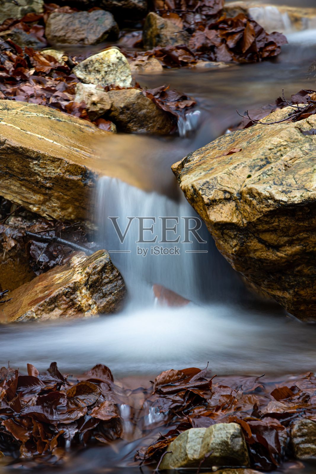 特写长时间曝光的溪水顺着落满秋叶的岩石流下照片摄影图片