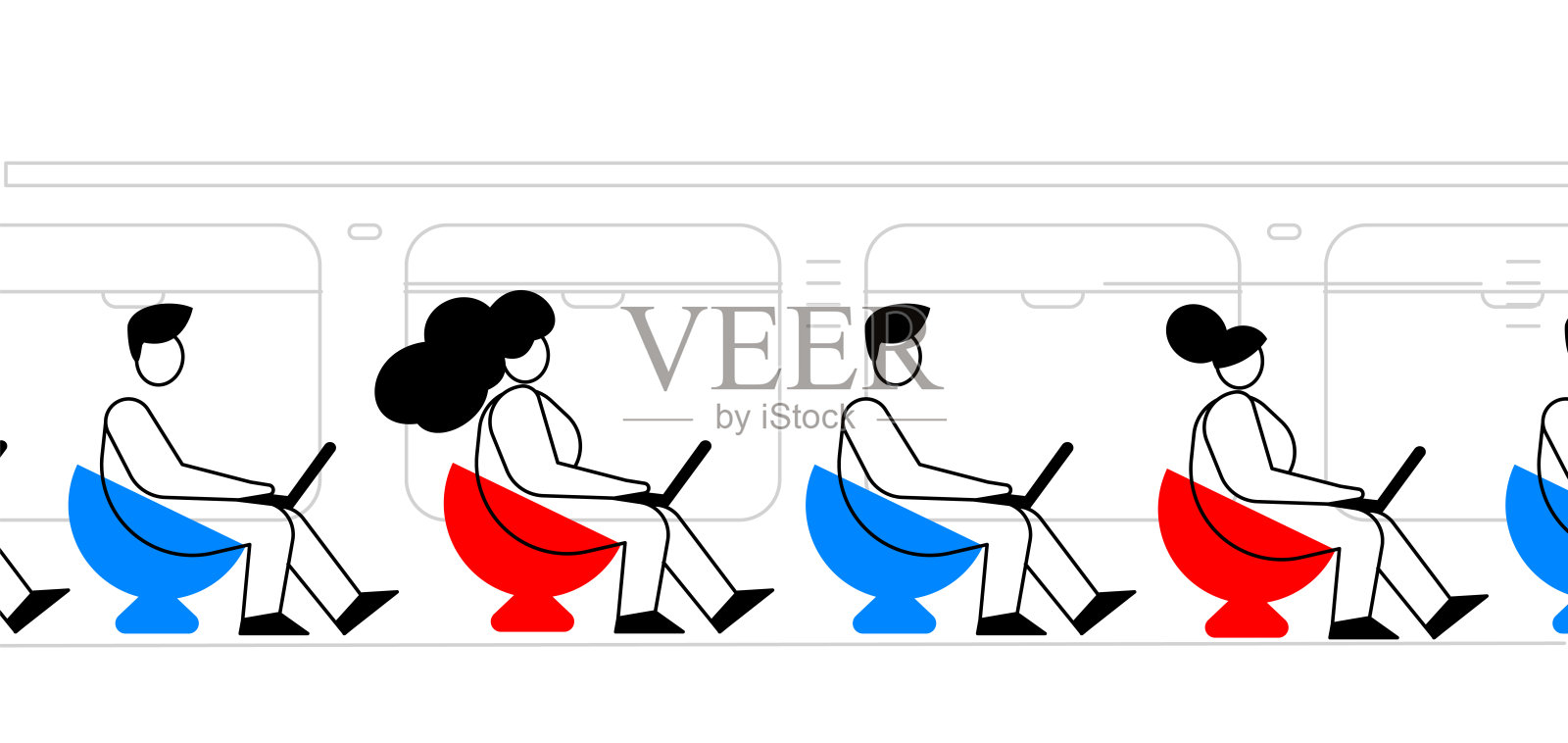 矢量抽象说明的男人和女人在圆形扶手椅与笔记本电脑上的白色背景。平线艺术风格的商务人士交通设计插画图片素材