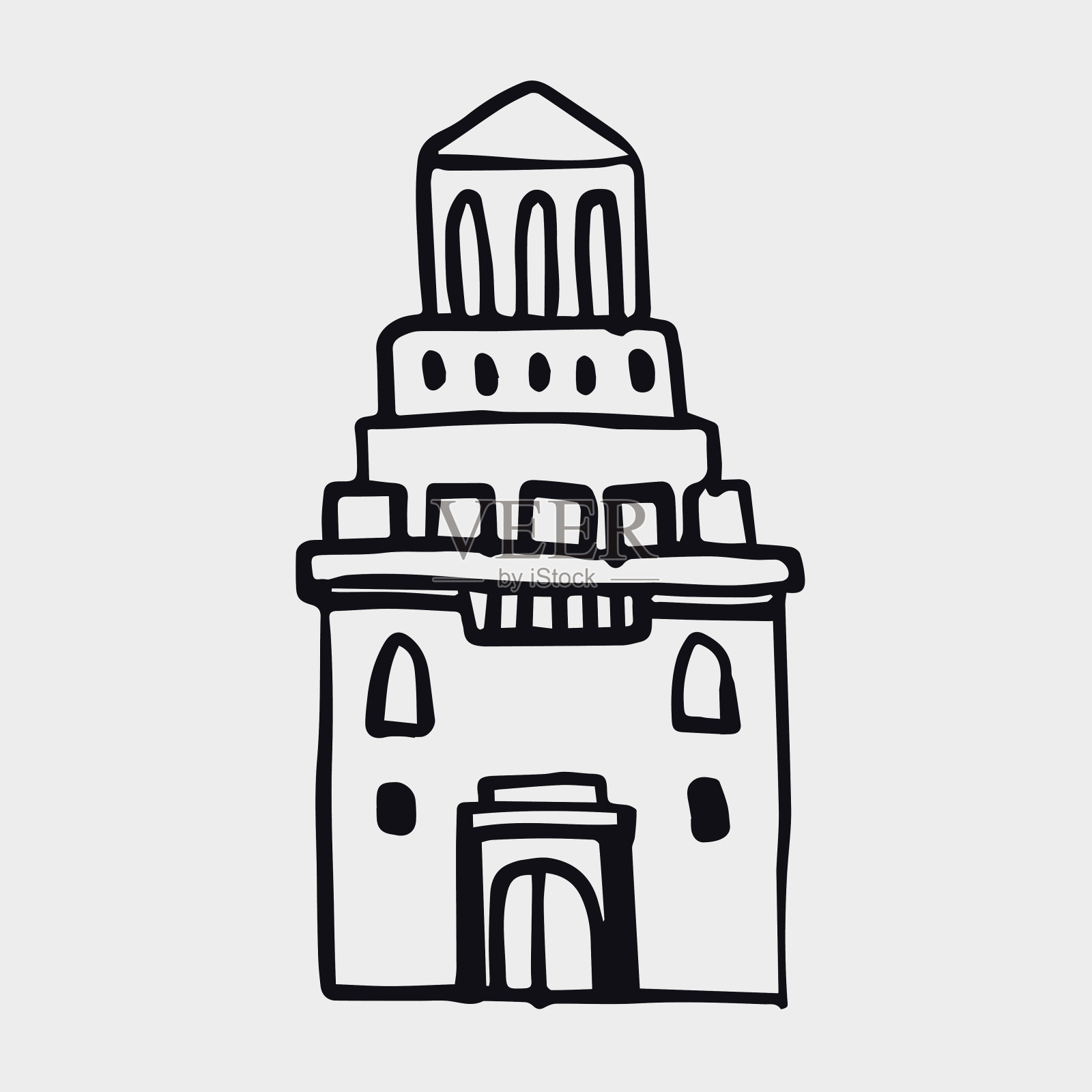 黑白手绘图。建筑的立面以浅色为背景。建筑的线性插图。插画图片素材