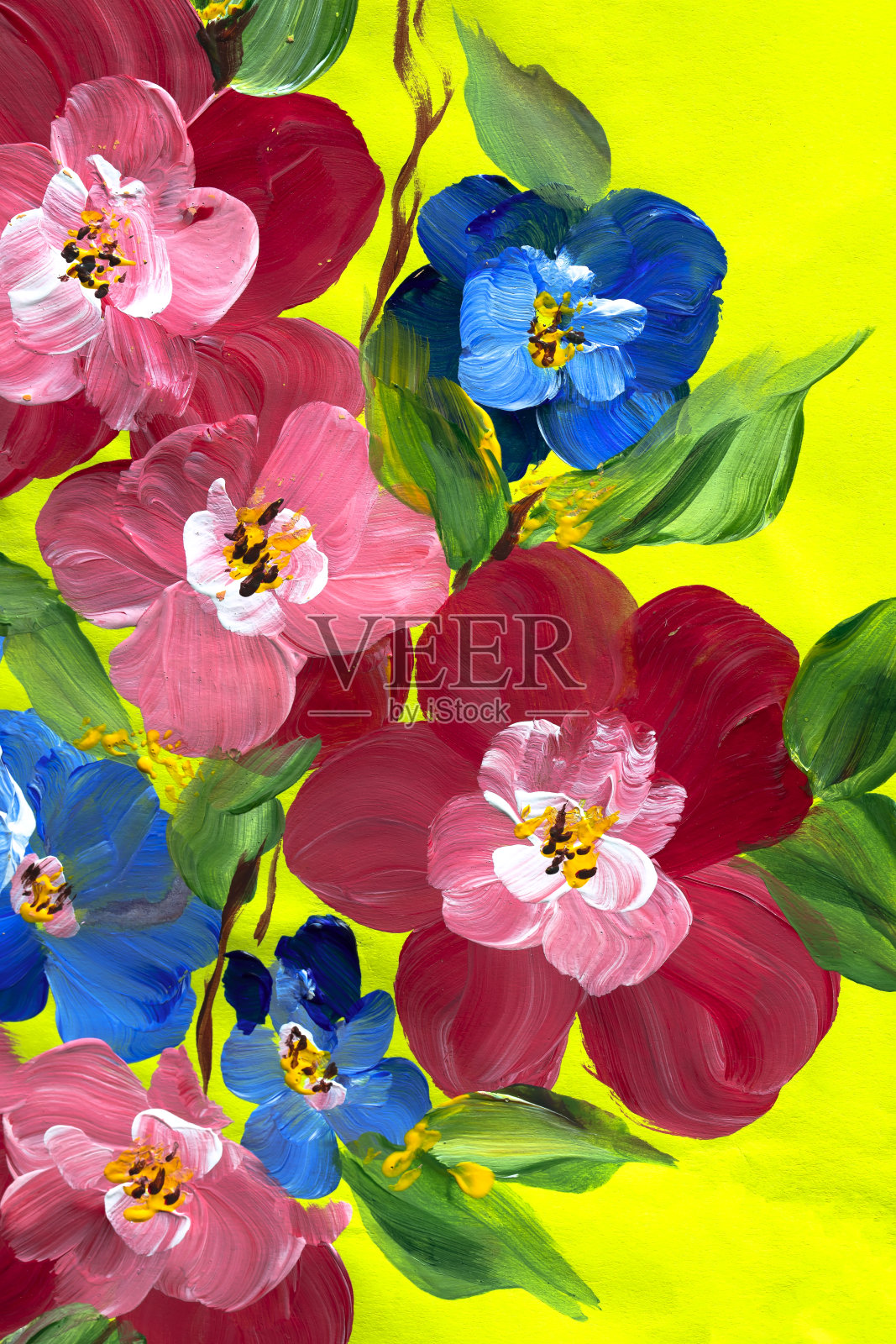 在明亮的背景上抽象出彩色的花朵。绘画用颜料，印象派风格，花画，丙烯，水粉。绘画般的笔触。用于设计或印刷。插画图片素材