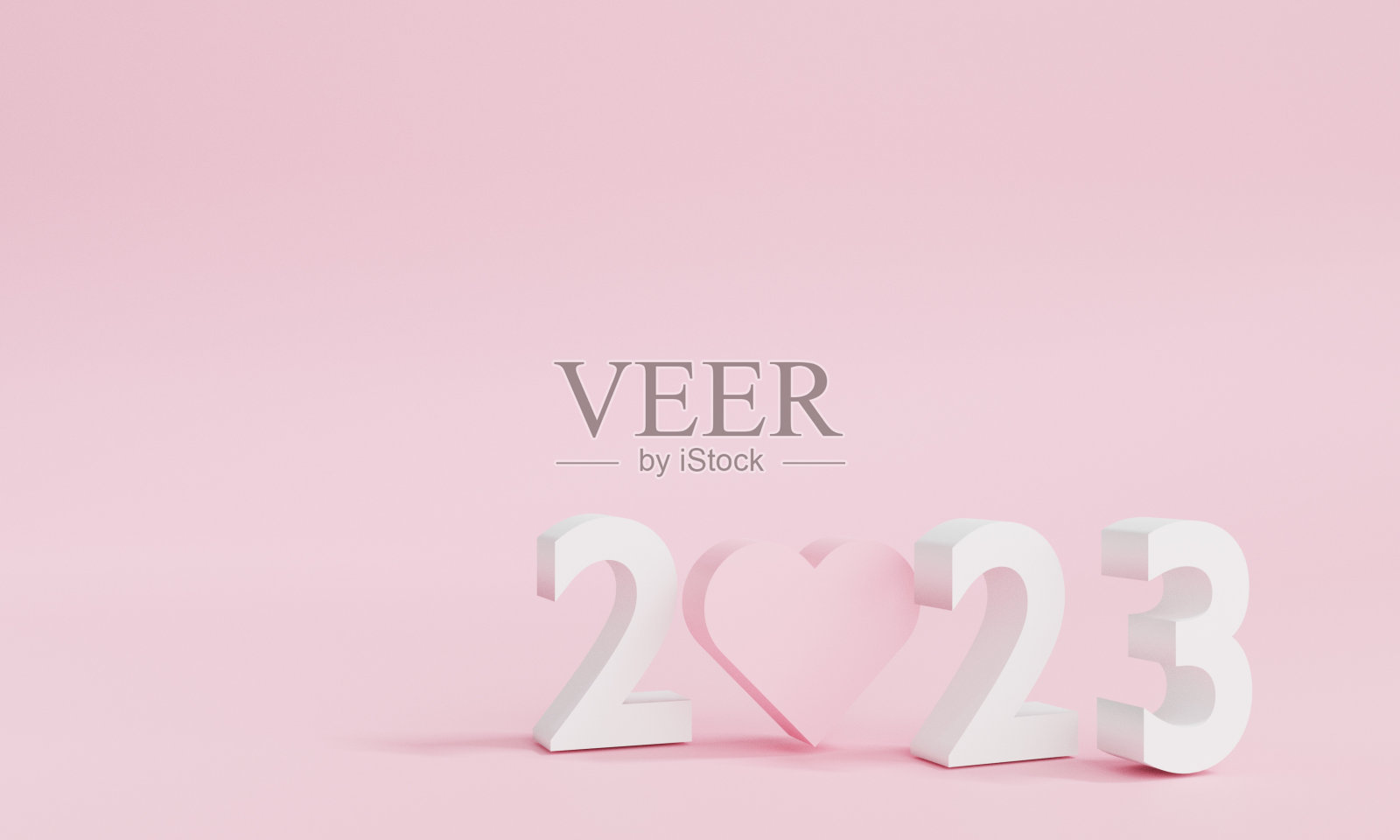 2023年新年数字，粉色背景上有心形元素。爱你的。3D渲染插图。照片摄影图片