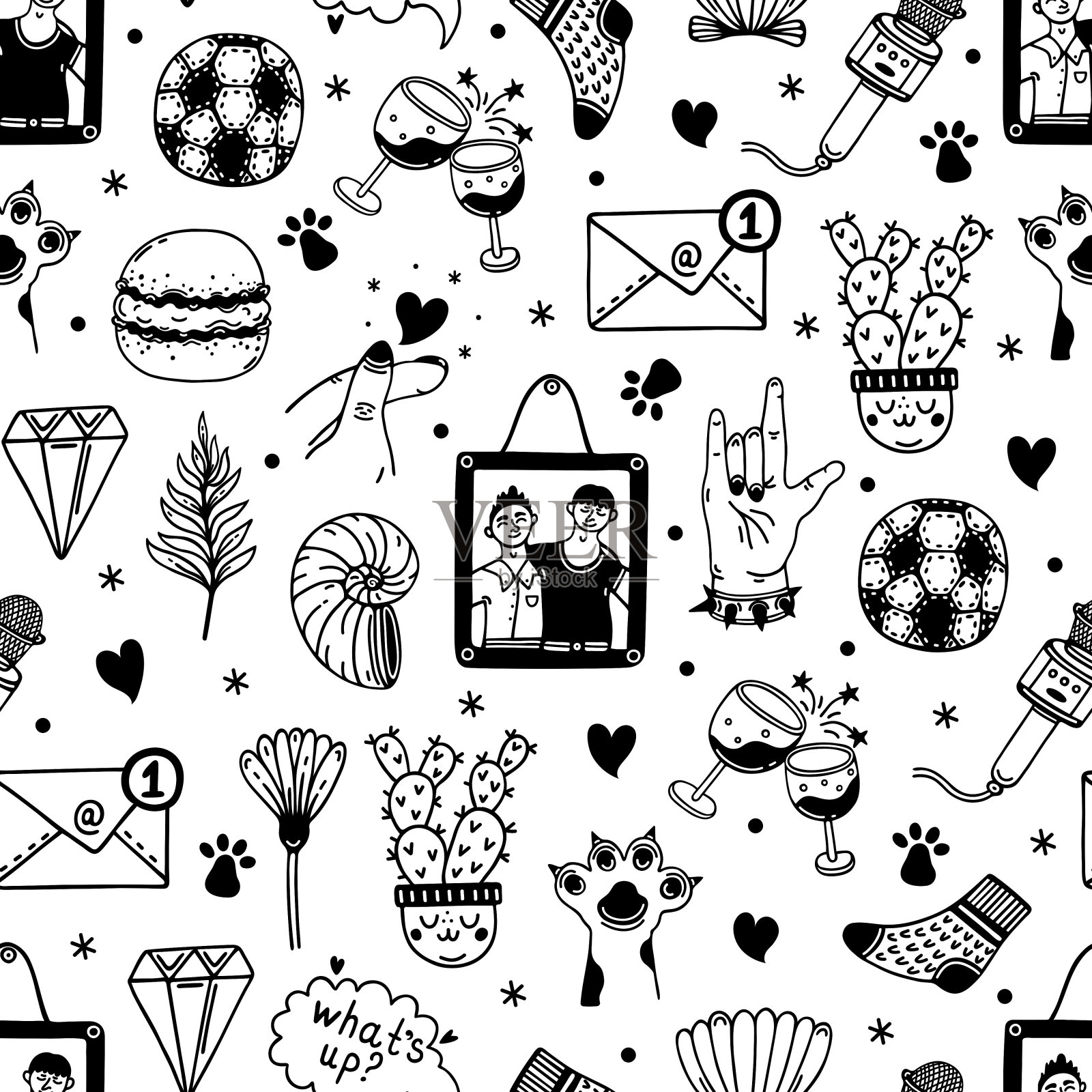 男性友谊无缝矢量模式。朋友，同事，团队。良好关系的象征——照片、足球、卡拉ok、摇滚乐、喝酒。手绘的涂鸦。背景卡片，海报，网络插画图片素材