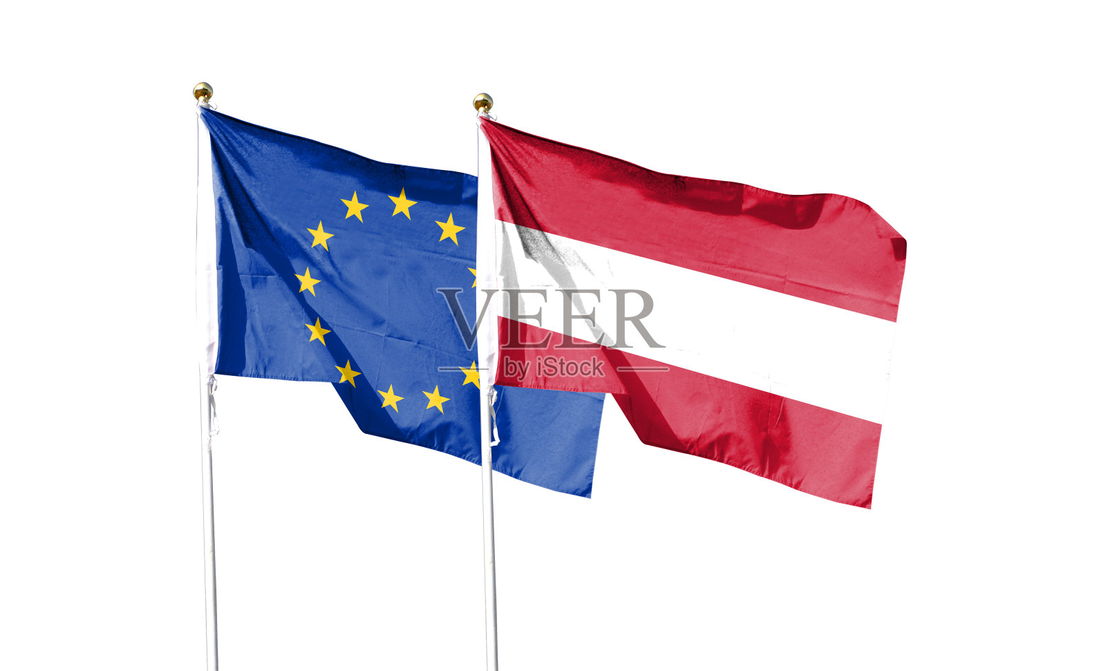奥地利国旗和欧盟国旗与裁剪路径隔离在白色背景。把那挥舞的旗帜关掉。的象征。框架与空白的文本。照片摄影图片