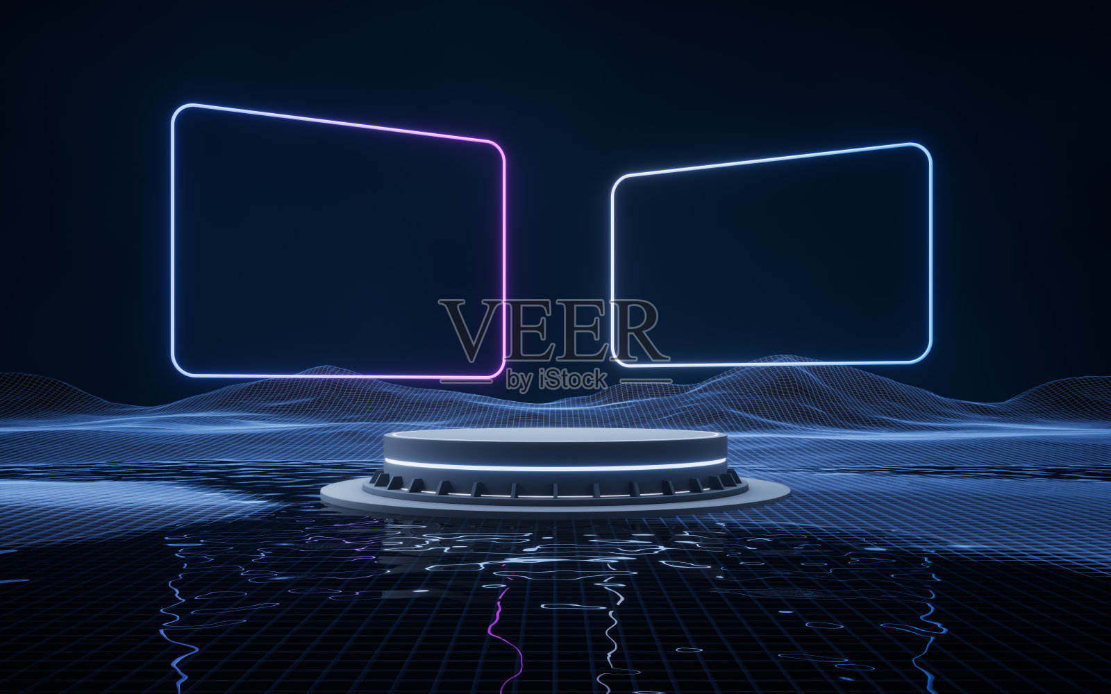 空舞台在数字空间，三维渲染。照片摄影图片