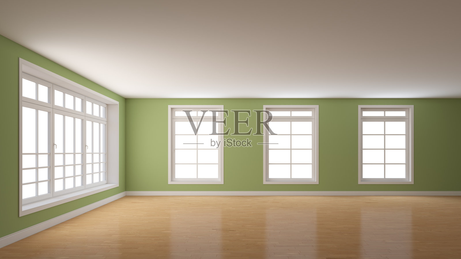 室内有绿色抹灰墙，左边有一个大窗户和三扇窗户照片摄影图片