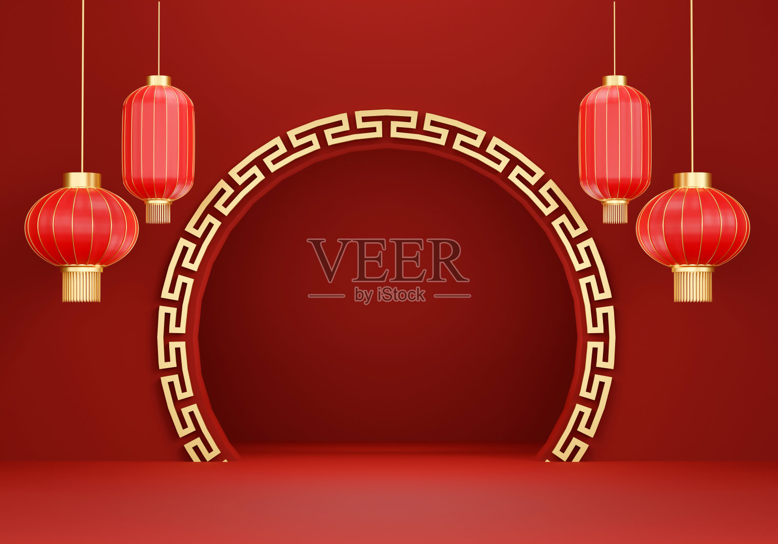 中国新年，十二生肖，金兔和红灯笼。3d插图照片摄影图片